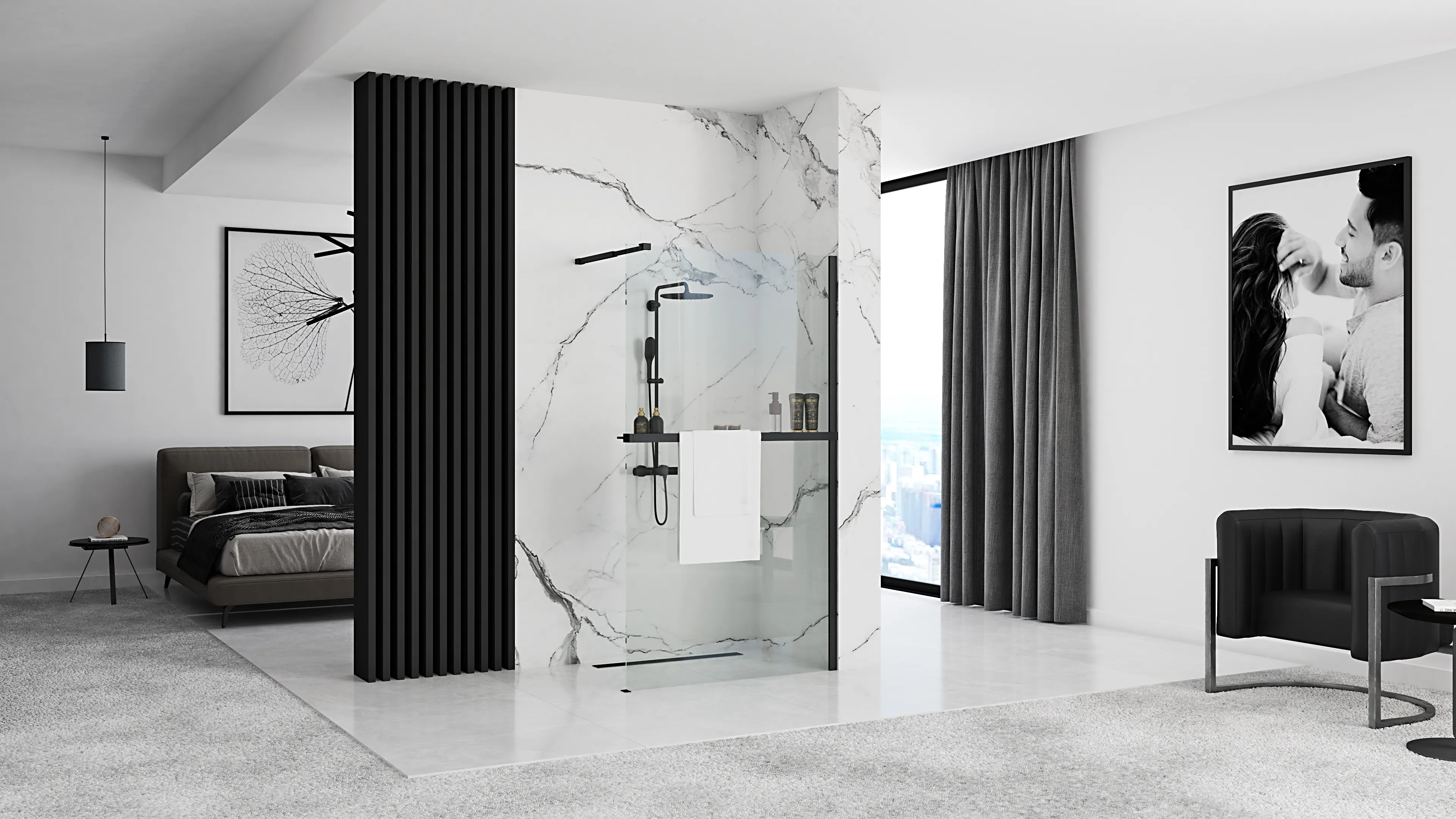 Perete de duș Walk-In mărime 110 cm + suport prosop EVO culoare negru mat sticlă securizată transparentă Aero Black Mat [2]