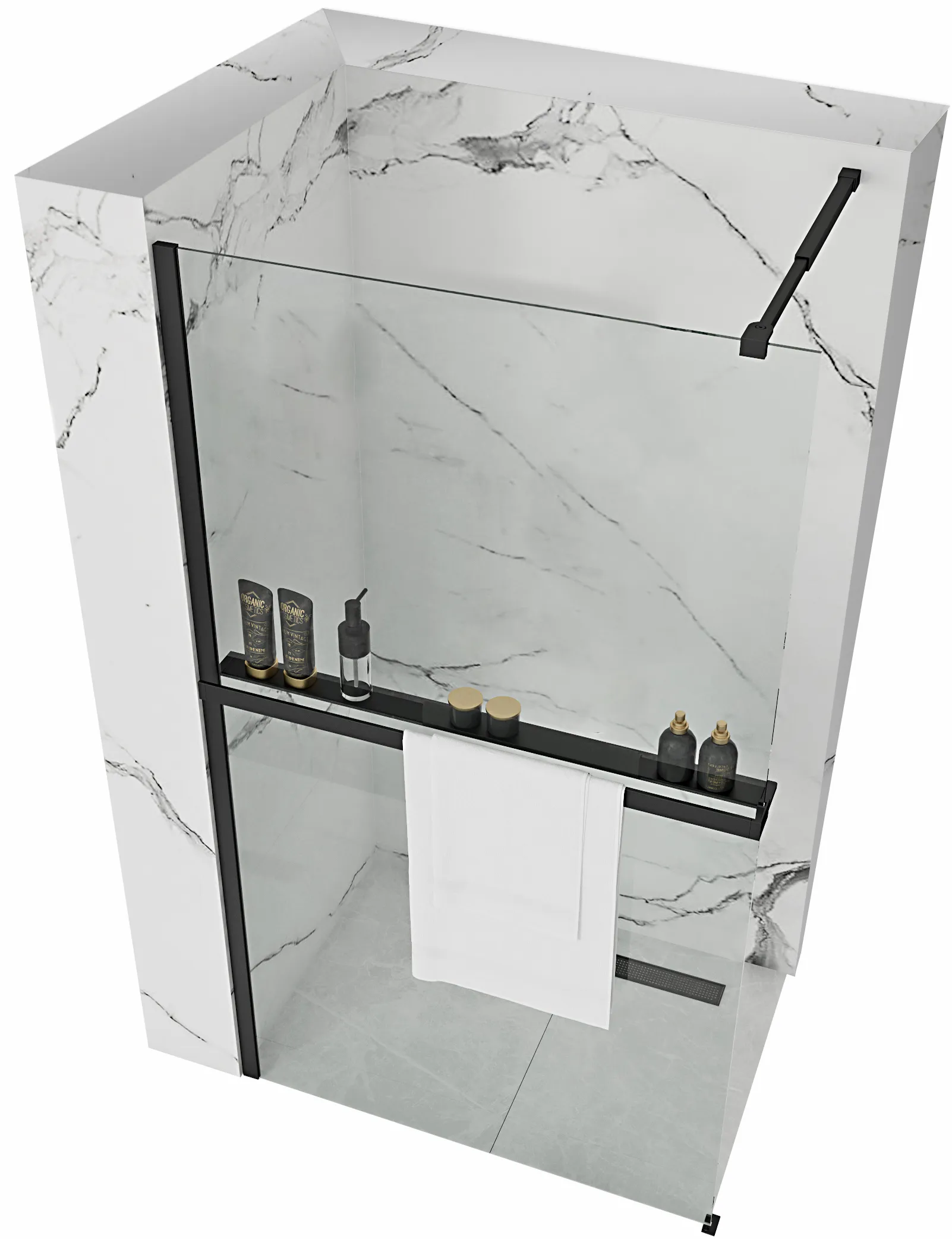 Perete de duș Walk-In mărime 110 cm + suport prosop EVO culoare negru mat sticlă securizată transparentă Aero Black Mat [1]