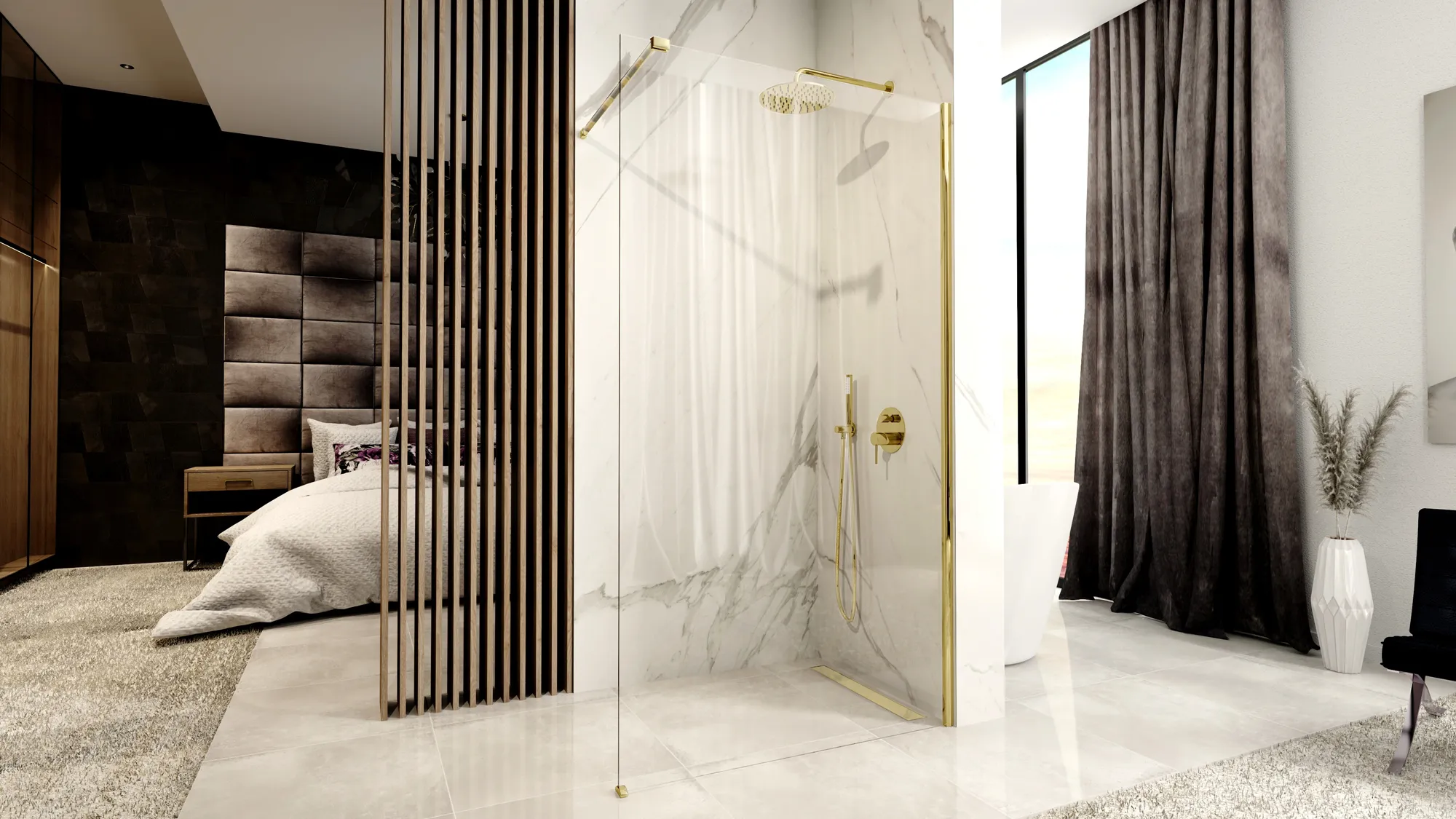 Perete de duș Walk-In mărime 80 cm culoare auriu sticlă securizată transparentă model Aero Gold [2]