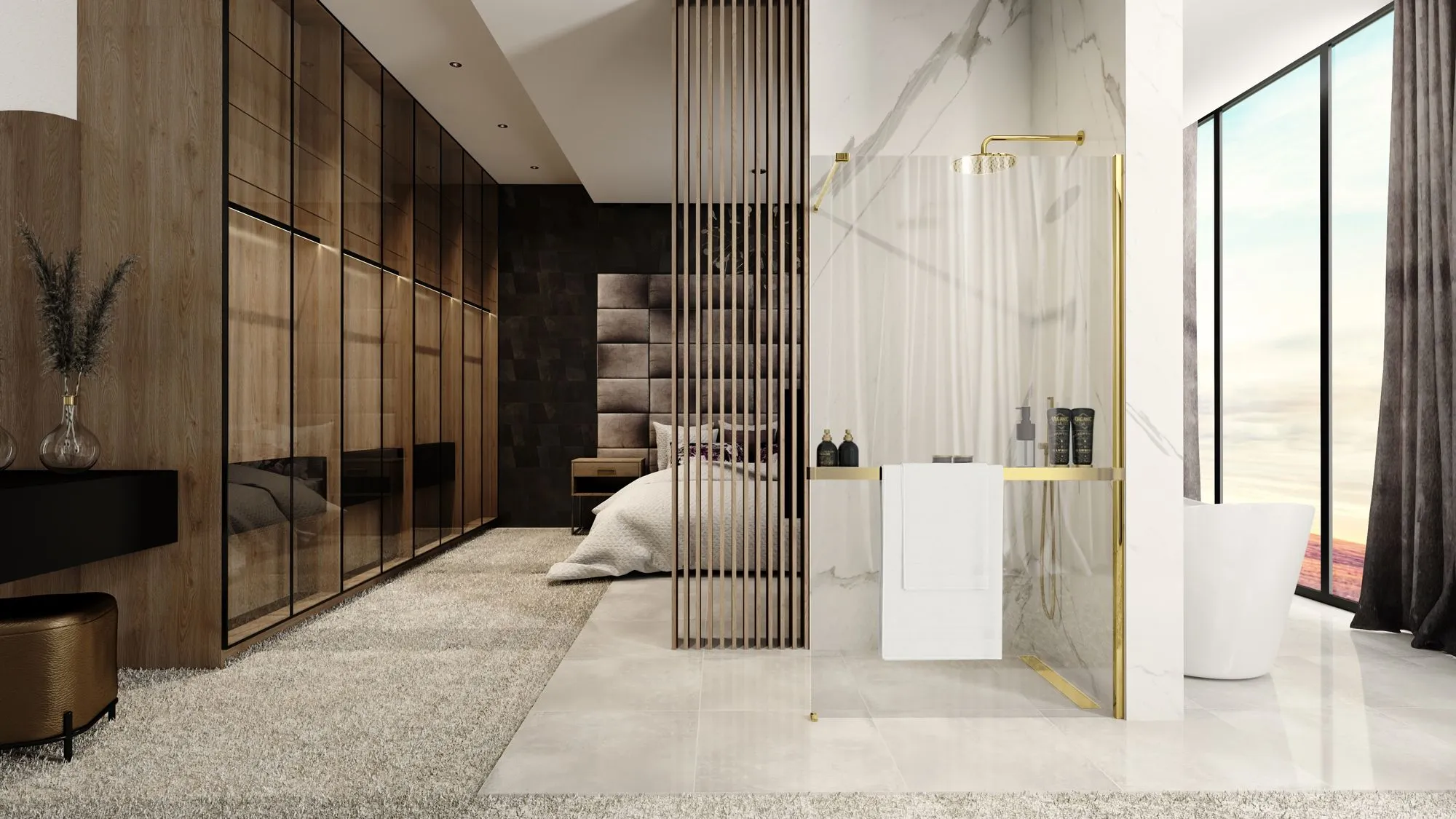 Perete de duș Walk-In mărime 110 cm + suport prosop EVO culoare auriu lucios sticlă securizată de 8 mm model Aero Gold N [3]