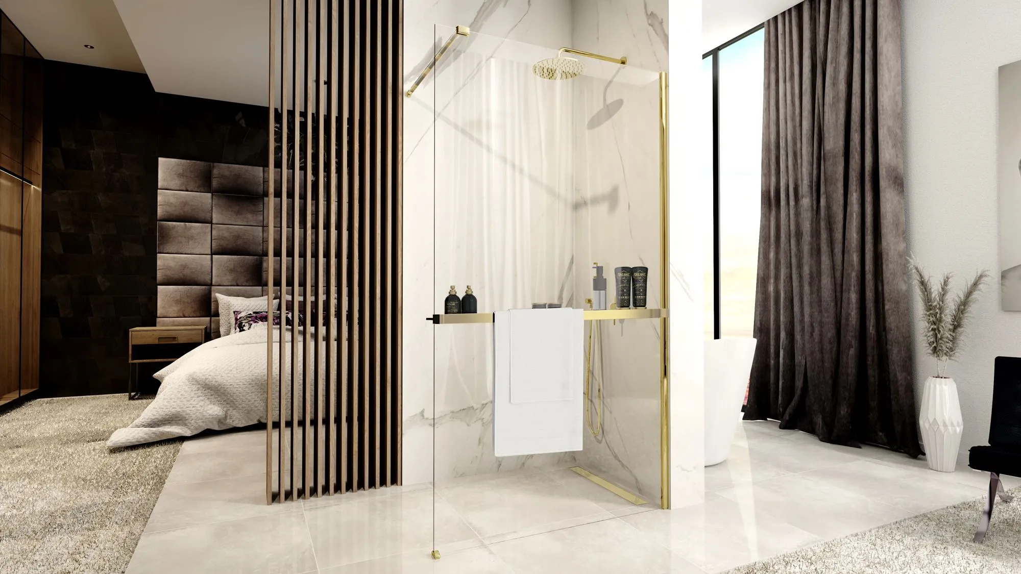 Perete de duș Walk-In mărime 120 cm + suport prosop EVO culoare auriu lucios sticlă securizată de 8 mm model Aero Gold N [2]