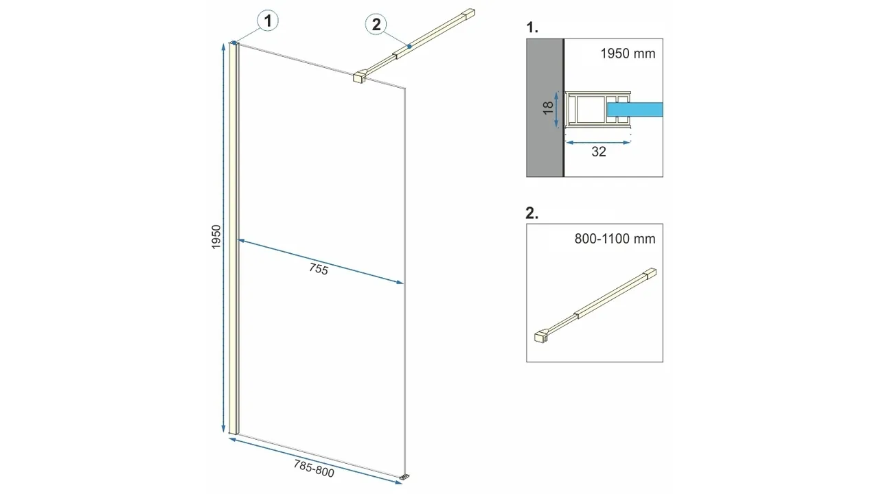 Perete duș Walk-In mărime 80 cm culoare negru mat sticlă securizată transparentă model Aero Black Matt [4]