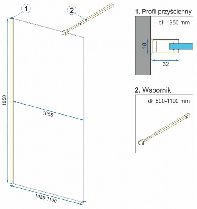 Perete de duș Walk-In mărime 110 cm culoare auriu lucios sticlă securizată de 8 mm model Aero Gold [4]