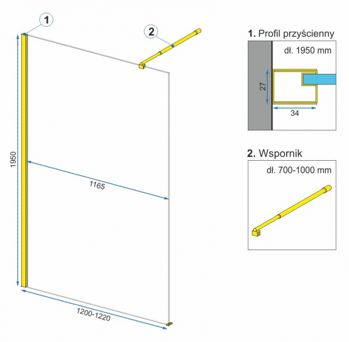 Perete duș Walk-In mărime 120 cm culoare auriu lucios sticlă securizată de 8 mm model Aero Gold [5]