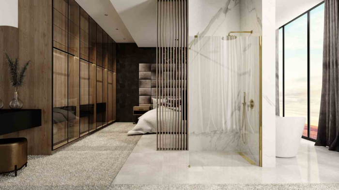 Perete de duș Walk-In mărime 80 cm culoare auriu sticlă securizată transparentă model Aero Gold [4]