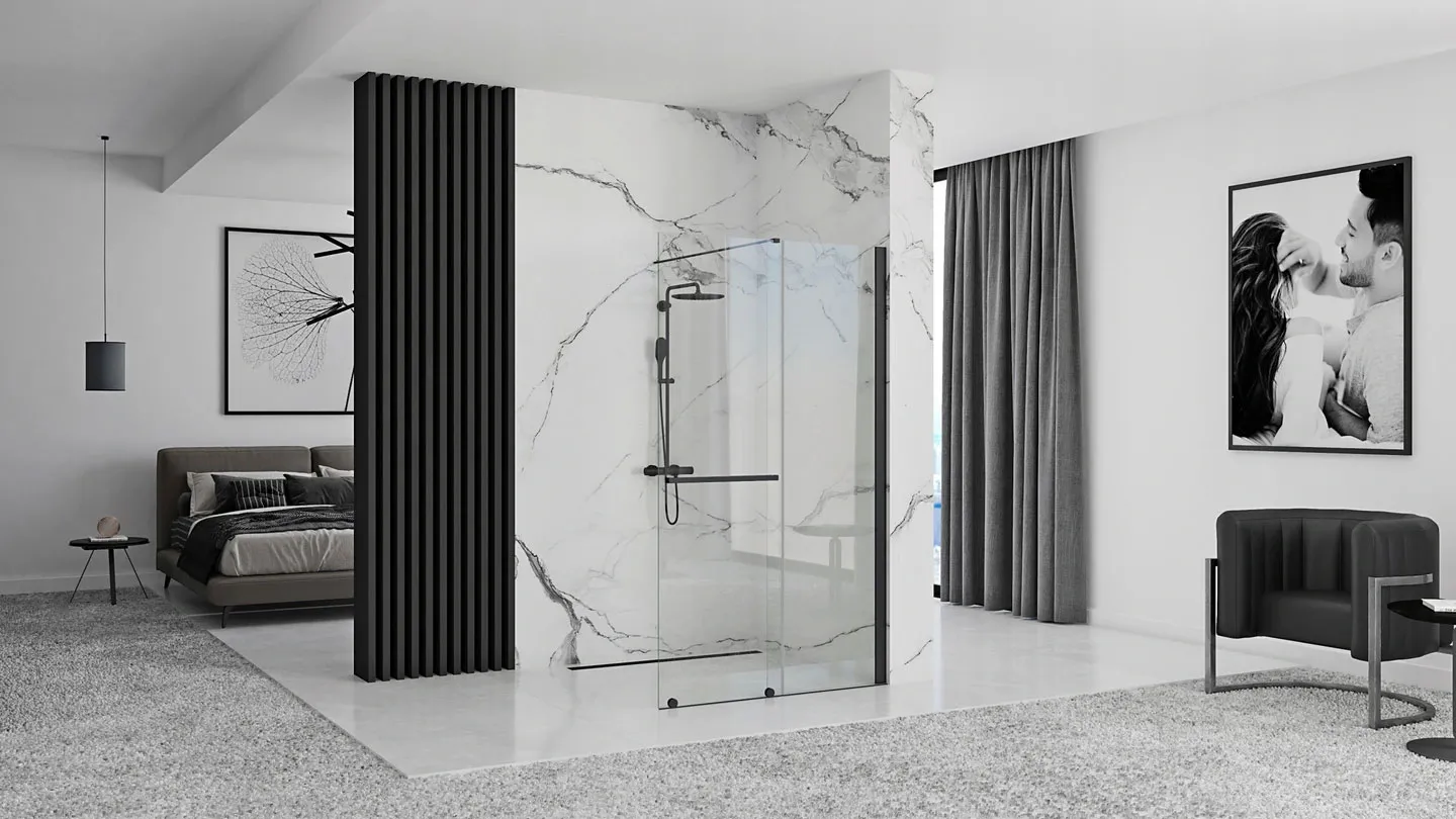 Perete duș Walk-In mărime 120 cm culoare neagră sticlă securizată transparentă model Cortis Black [5]