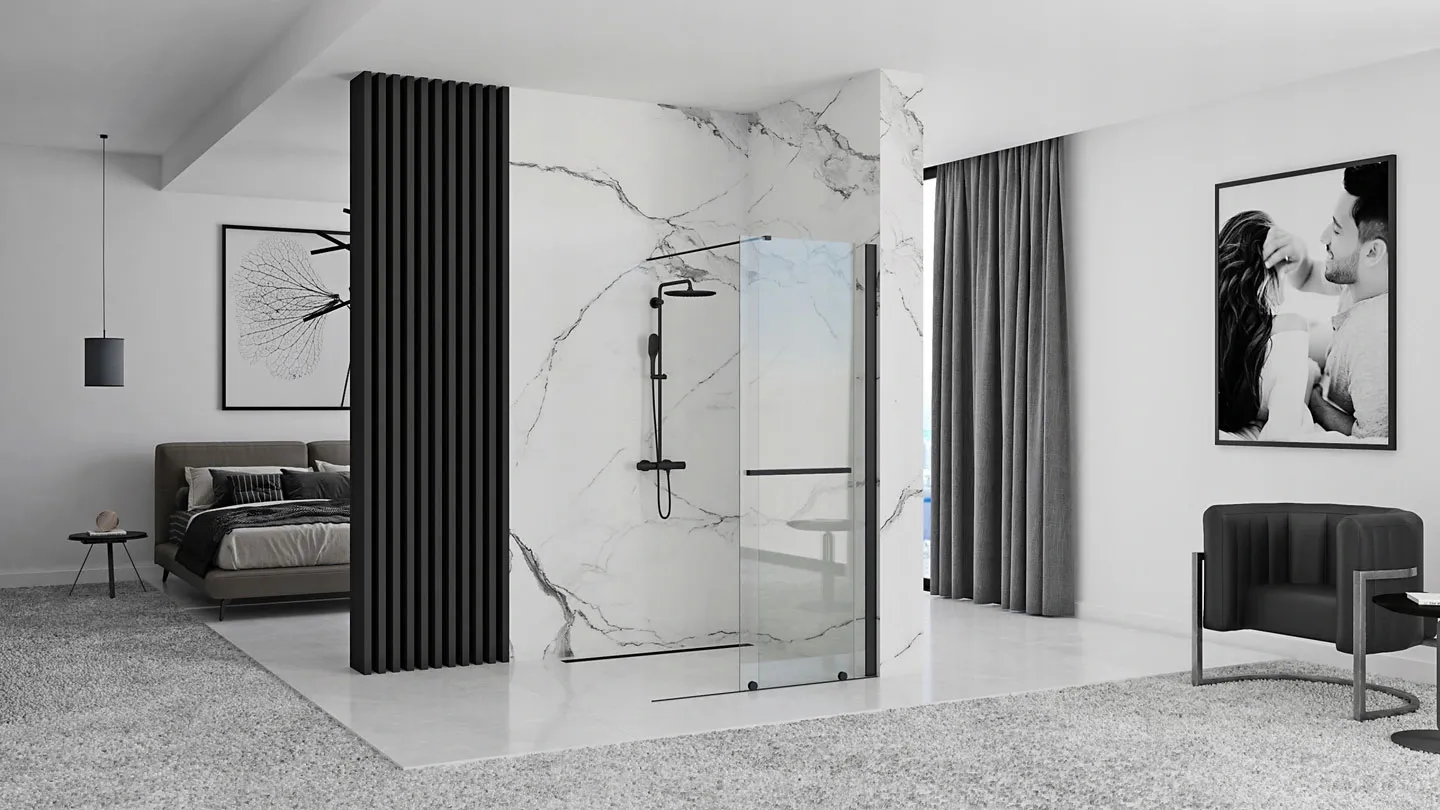 Perete duș Walk-In mărime 120 cm culoare neagră sticlă securizată transparentă model Cortis Black [4]