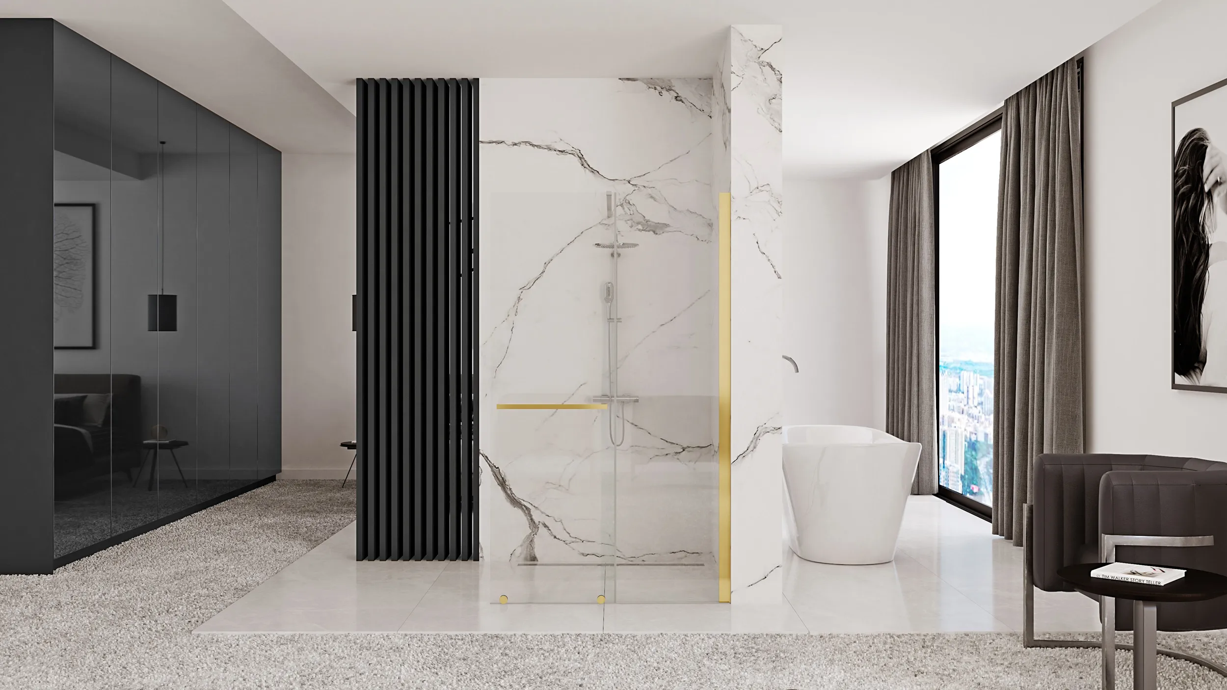 Perete de duș Walk-In mărime 120 cm culoare auriu sticlă securizată transparentă model Cortis Gold [2]
