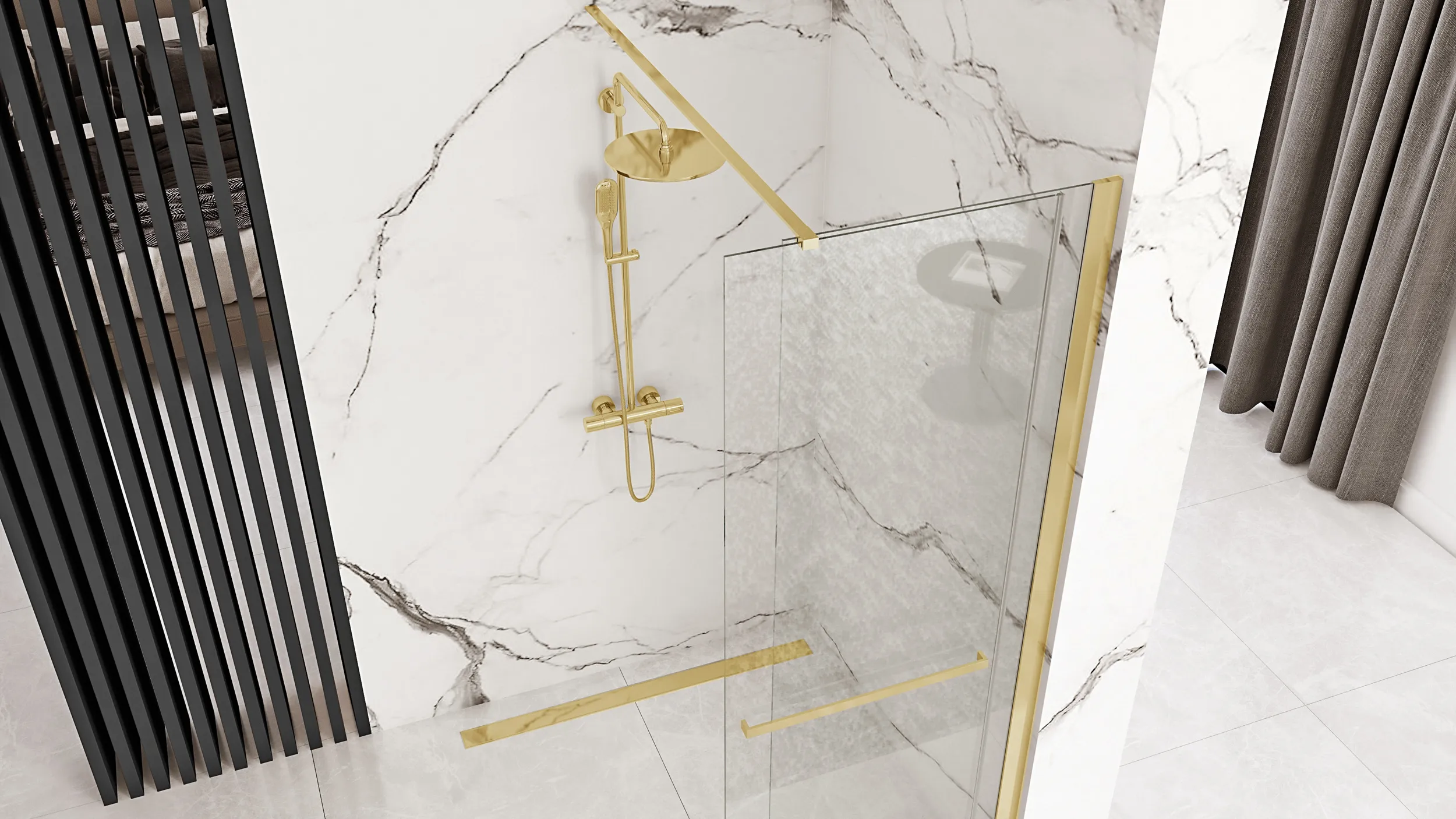 Perete de duș Walk-In mărime 120 cm culoare auriu sticlă securizată transparentă model Cortis Gold [4]