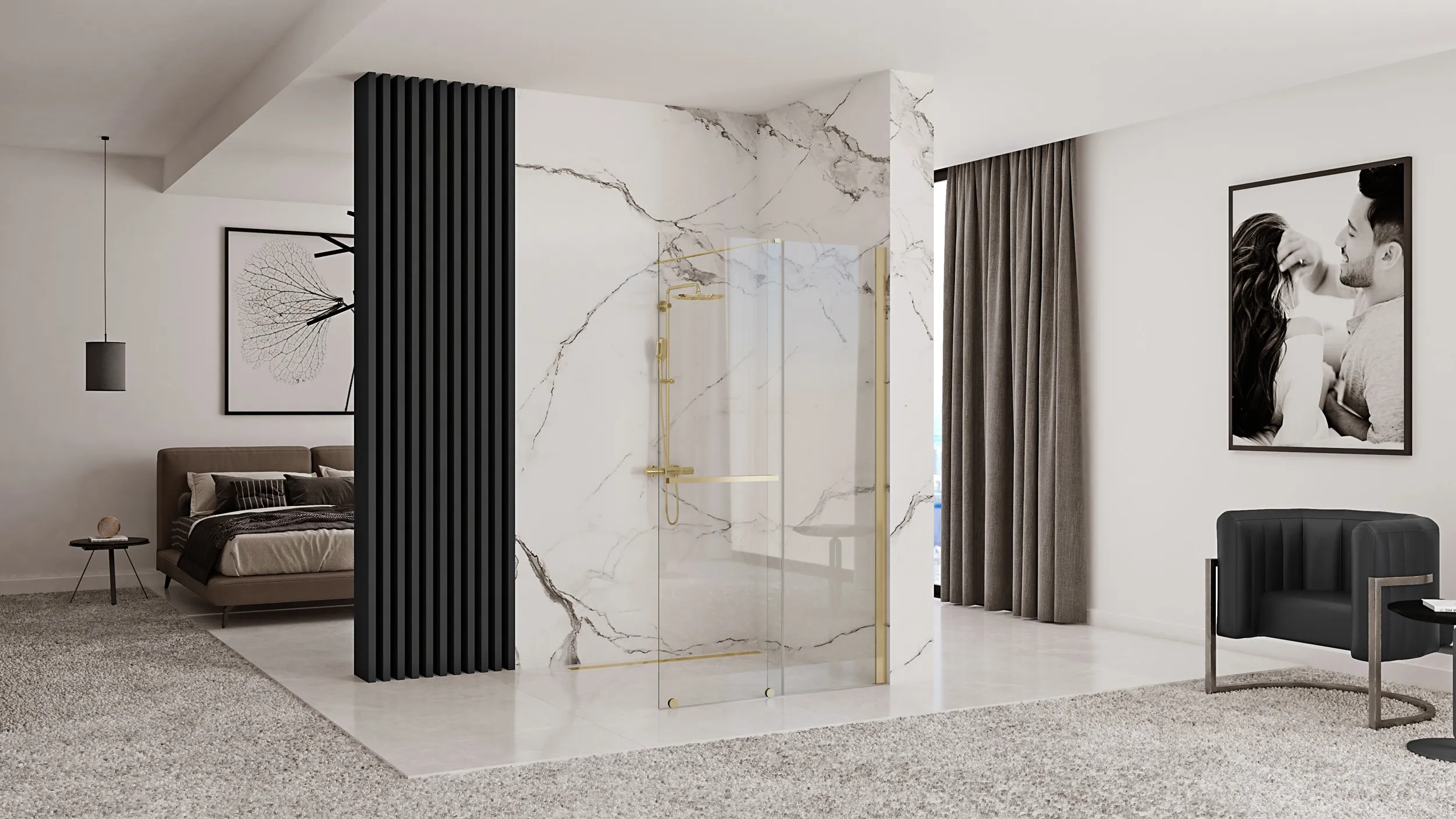 Perete de duș Walk-In mărime 120 cm culoare auriu sticlă securizată transparentă model Cortis Gold [3]