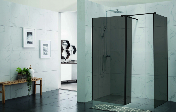 Perete de duș Walk-In mărime 150x90 cm culoare neagră sticlă securizată fumurie Wst 10 [1]