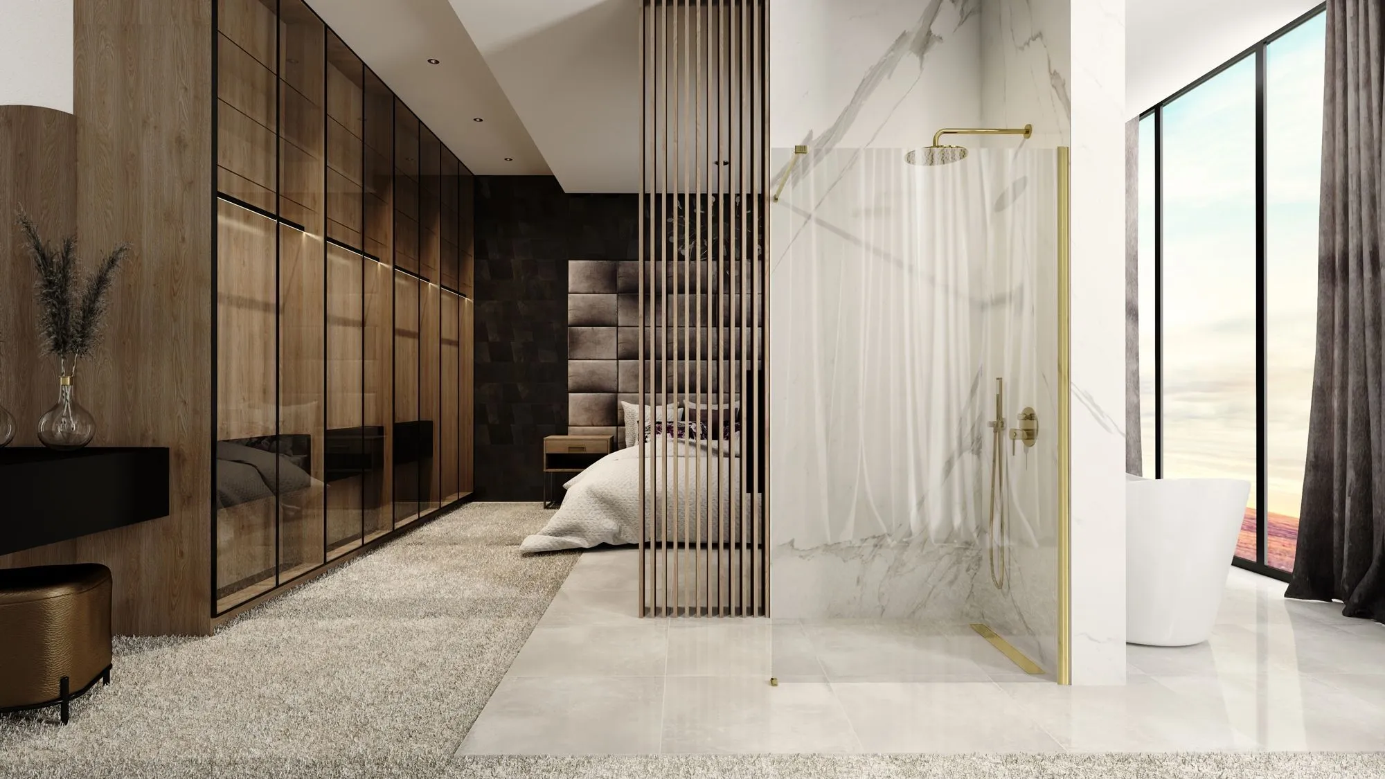 Perete duș Walk-In mărime 90 cm culoare auriu periat sticlă securizată transparentă model Aero Gold Brushed [4]