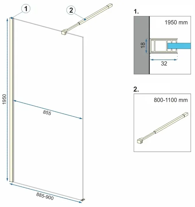 Perete duș Walk-In mărime 90 cm culoare auriu periat sticlă securizată transparentă model Aero Gold Brushed [5]