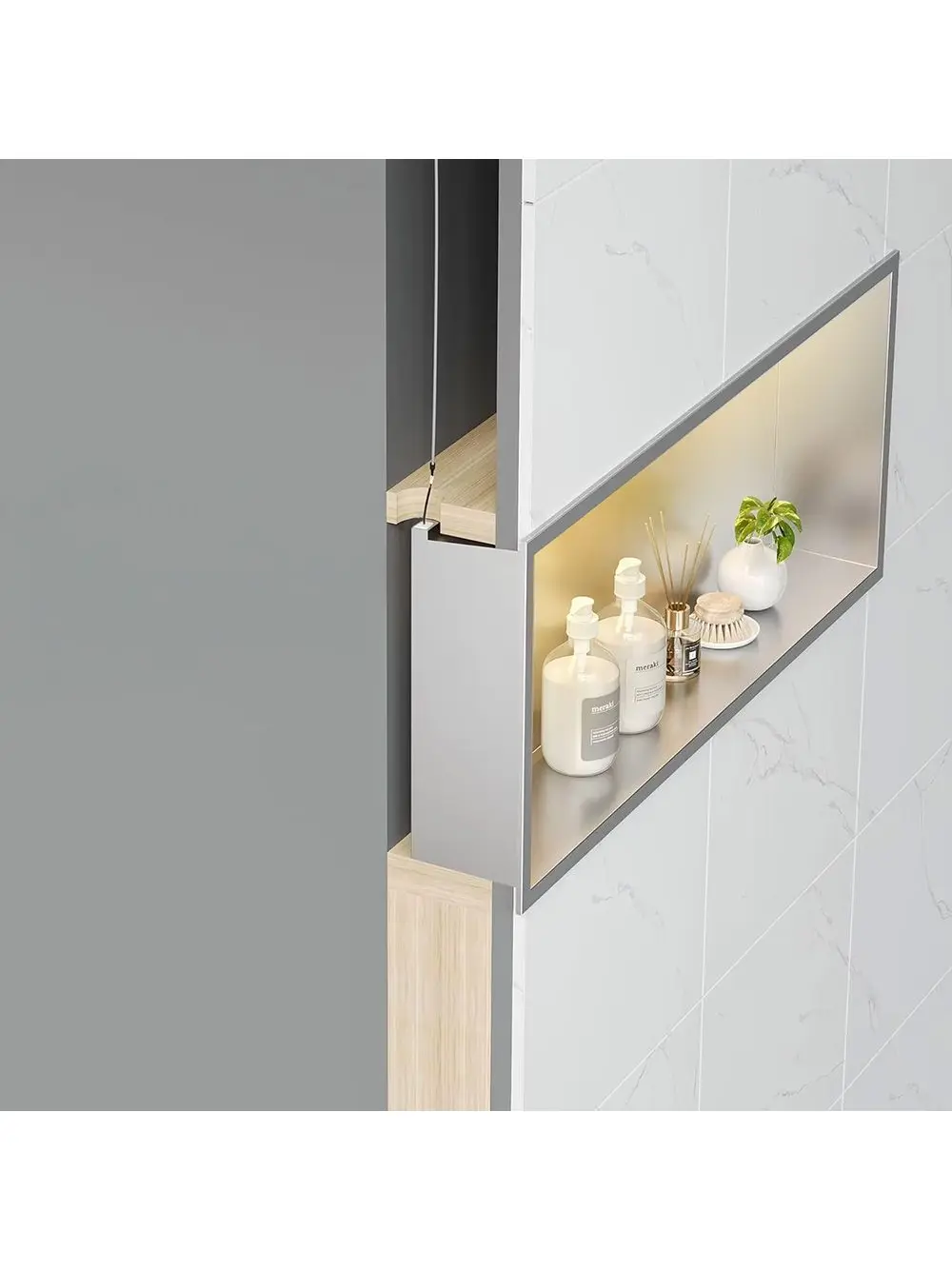 Raft baie încastrat în perete cu LED mărime 30x45 cm culoare crom periat model Steel Brush [6]