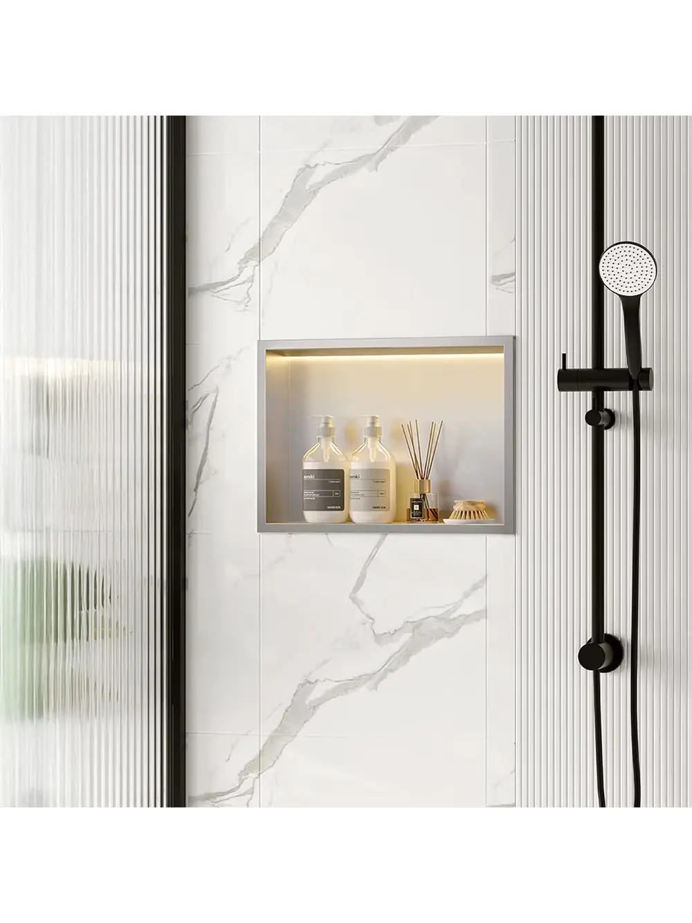 Raft baie încastrat în perete cu LED mărime 30x45 cm culoare crom periat model Steel Brush [2]