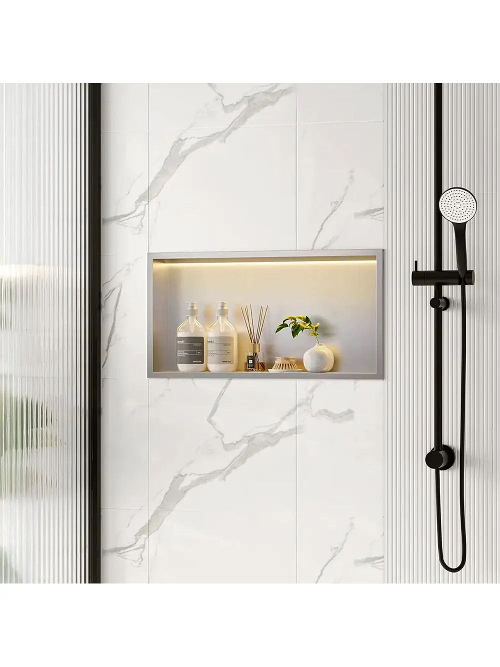 Raft baie încastrat în perete cu LED mărime 30x60 cm culoare crom periat model Steel Brush [5]