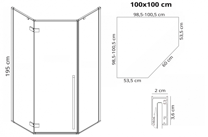 Cabină de duș batantă de colț mărime 100x100 cm culoare negru mat model Diamond Black Matt [6]