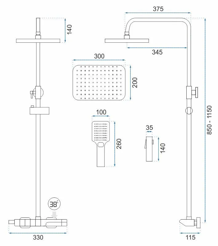 Set de duș culoare crom periat înălțime 115 cm material alamă model Rob Brushed Chrome [10]