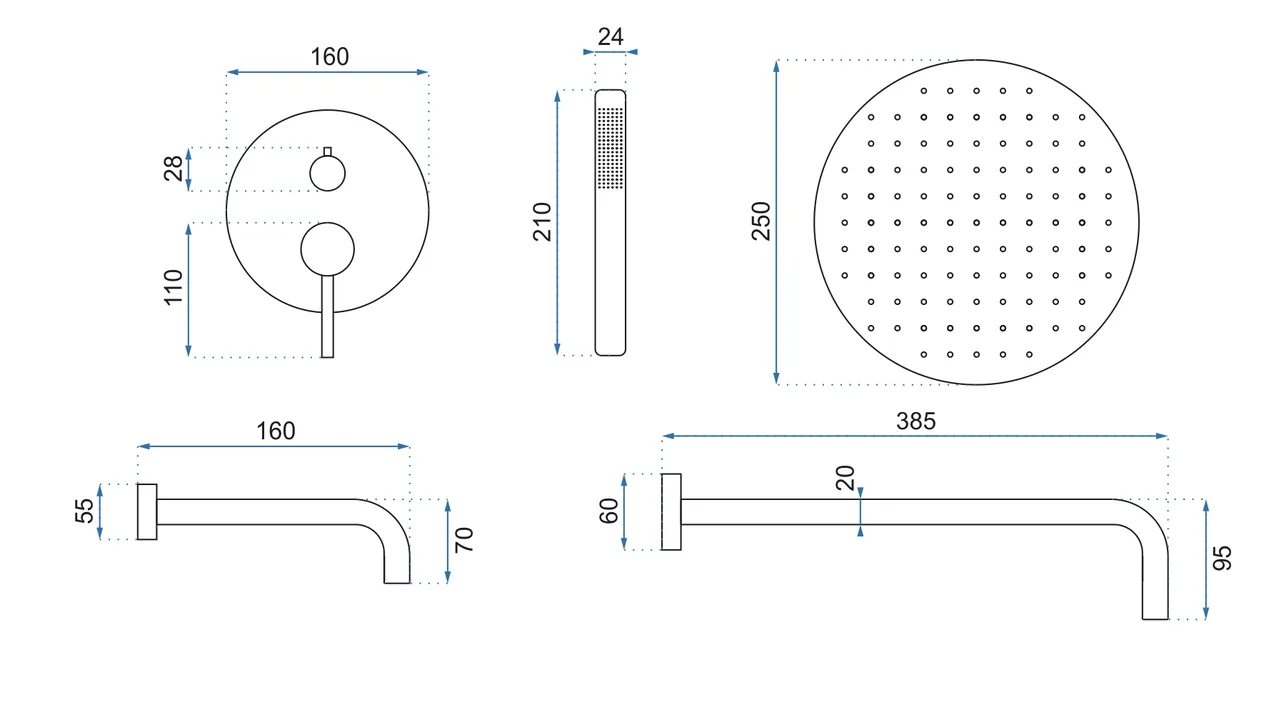 Set de duș încastrat în perete finisaj auriu lucios înălțime 16 cm model Lungo Spout Gold [5]