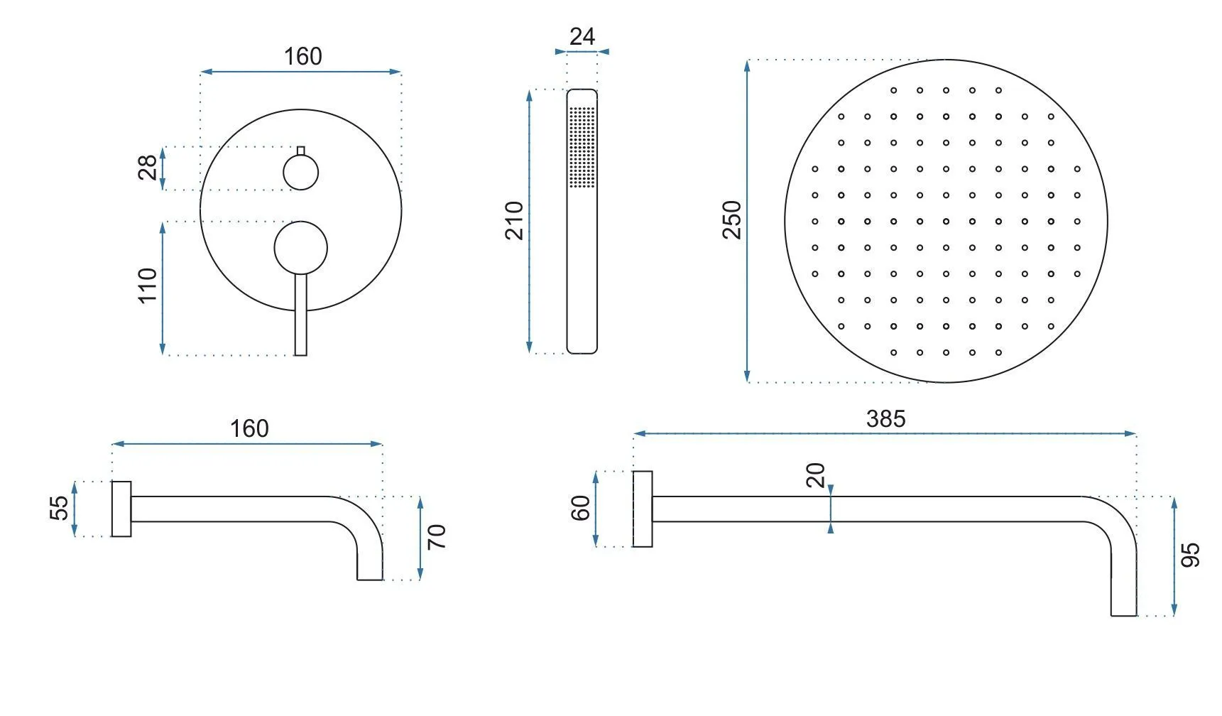 Set de duș încastrat în perete finisaj alb mat înălțime 16 cm model Lungo Spout White Matt [8]