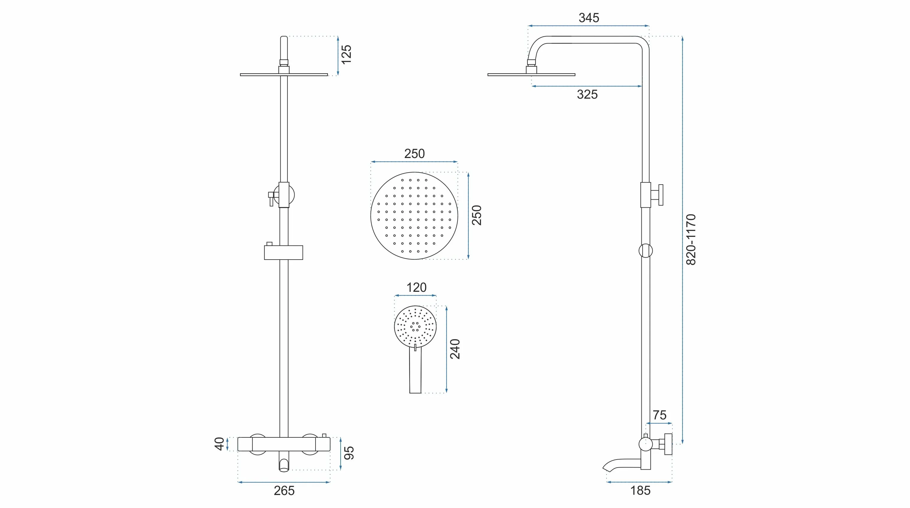 Set de duș cu termostat finisaj alb mat înălțime 117 cm material alamă/ABS model Lungo White Matt [10]