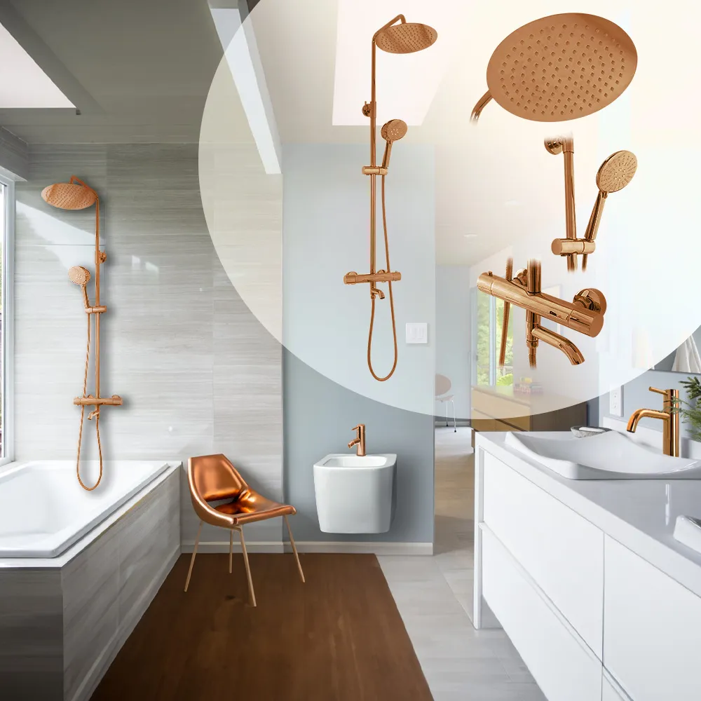 Set de duș cu termostat finisaj roz auriu înălțime 117 cm model Lungo Pink Gold [3]