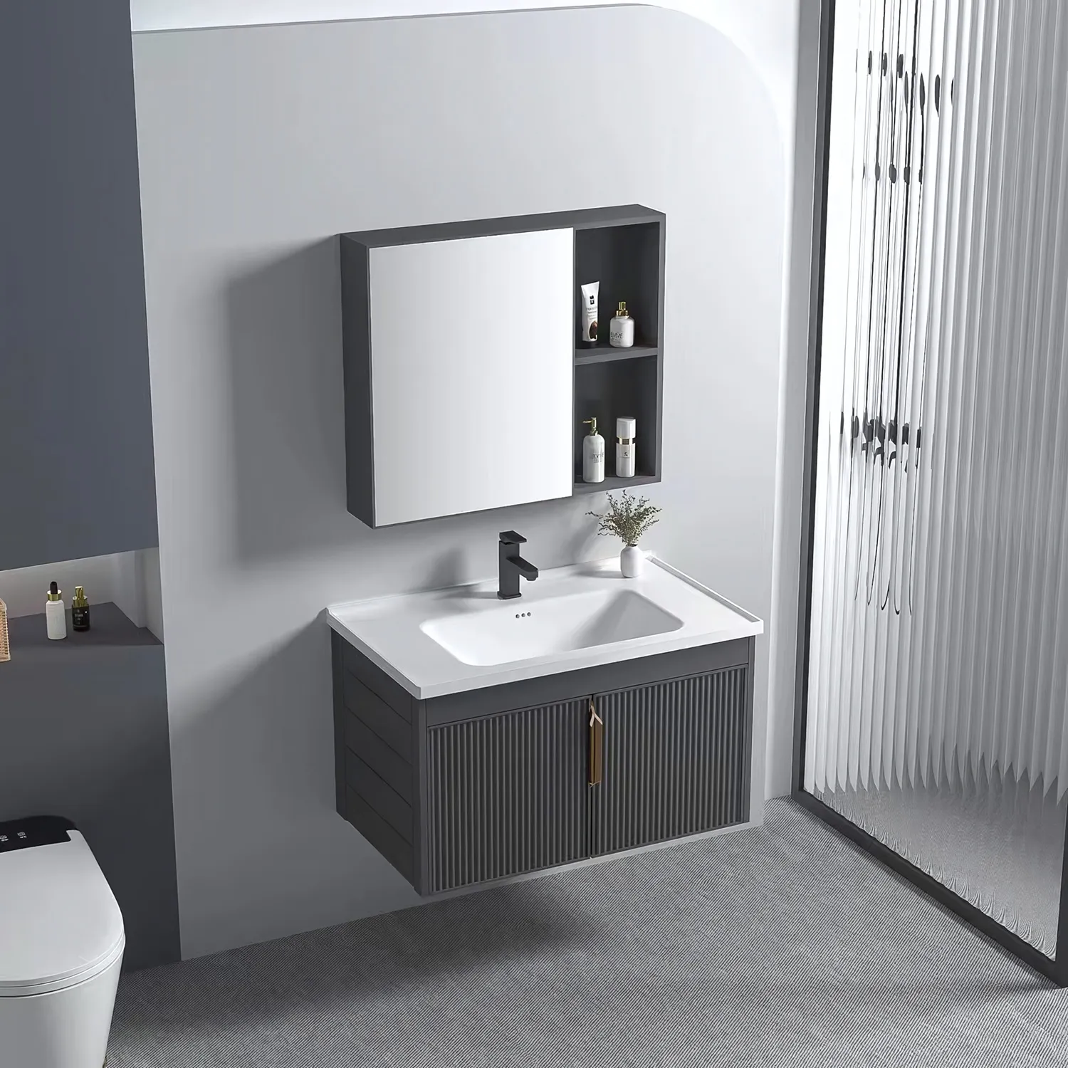 Set mobilier de baie cu lavoar și oglindă incluse lățime 60 cm culoare gri model Astor Grey [2]