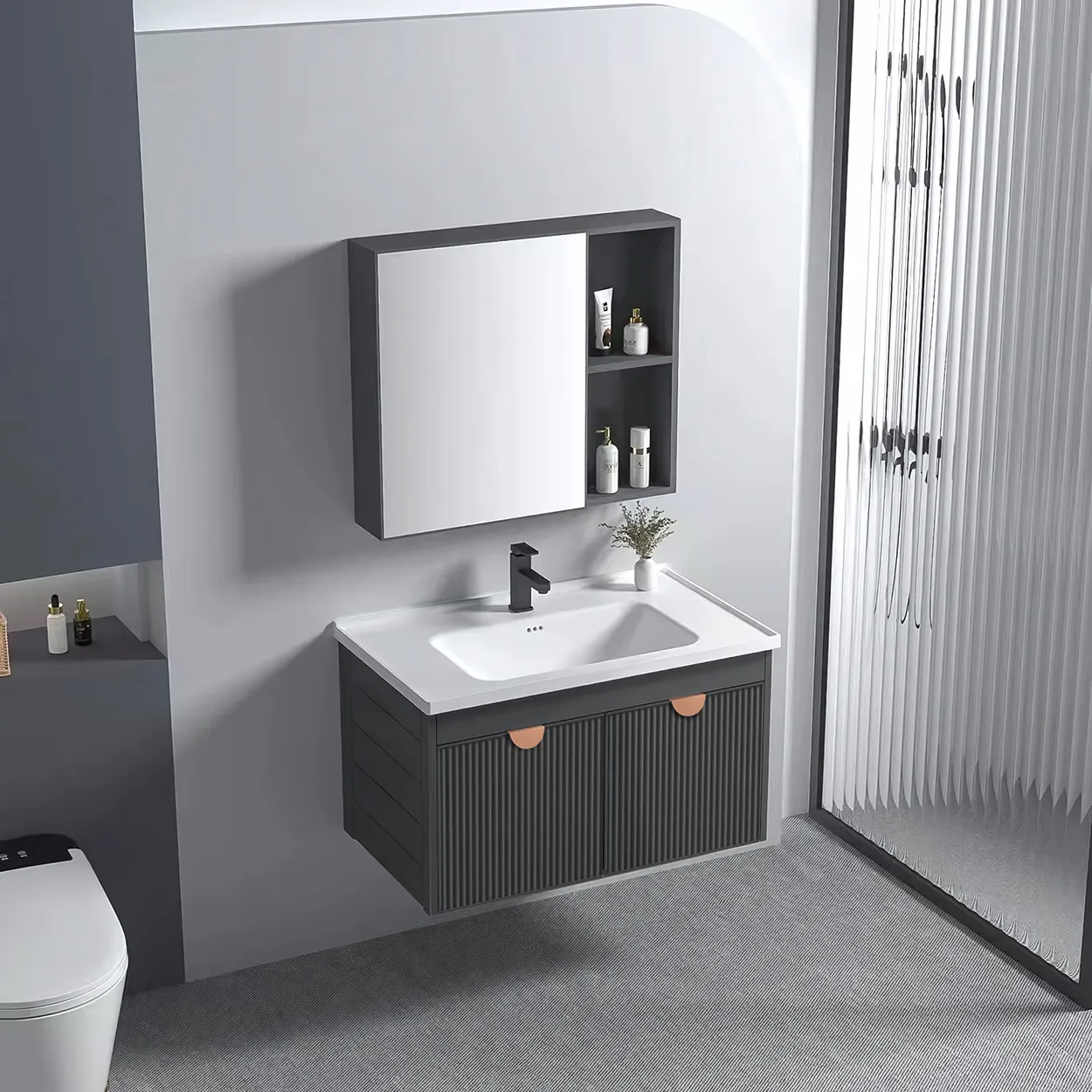 Set mobilier de baie cu lavoar și oglindă incluse lățime 60 cm culoare gri model Mario Grey [2]