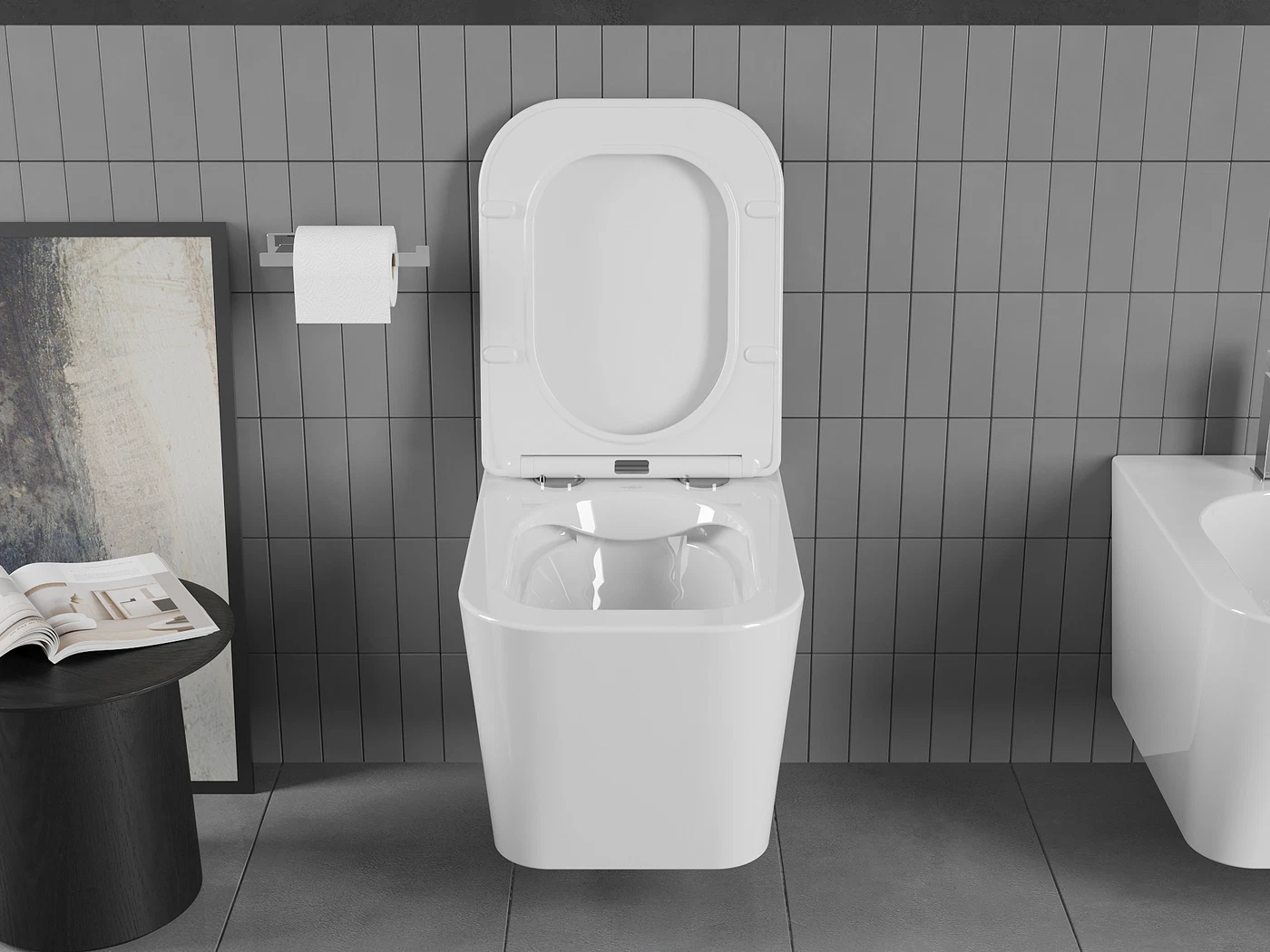 Set vas Wc și Bideu suspendabil cu capac slim cu închidere lentă culoare alb model Teo Rimless [4]