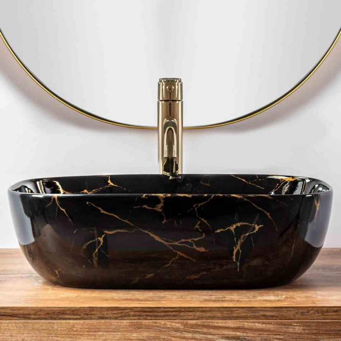 Lavoar baie pe blat formă dreptunghiulară lungime 46 cm culoare neagră model Belinda Black Marble [4]