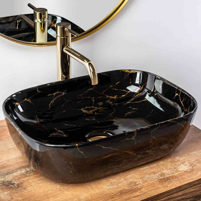 Lavoar baie pe blat formă dreptunghiulară lungime 46 cm culoare neagră model Belinda Black Marble [2]