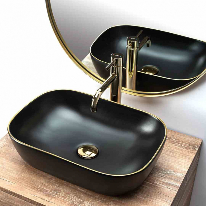 Lavoar pe blat formă dreptunghiulară lungime 46 cm culoare negru mat model Belinda Black Mat Gold Edge [2]