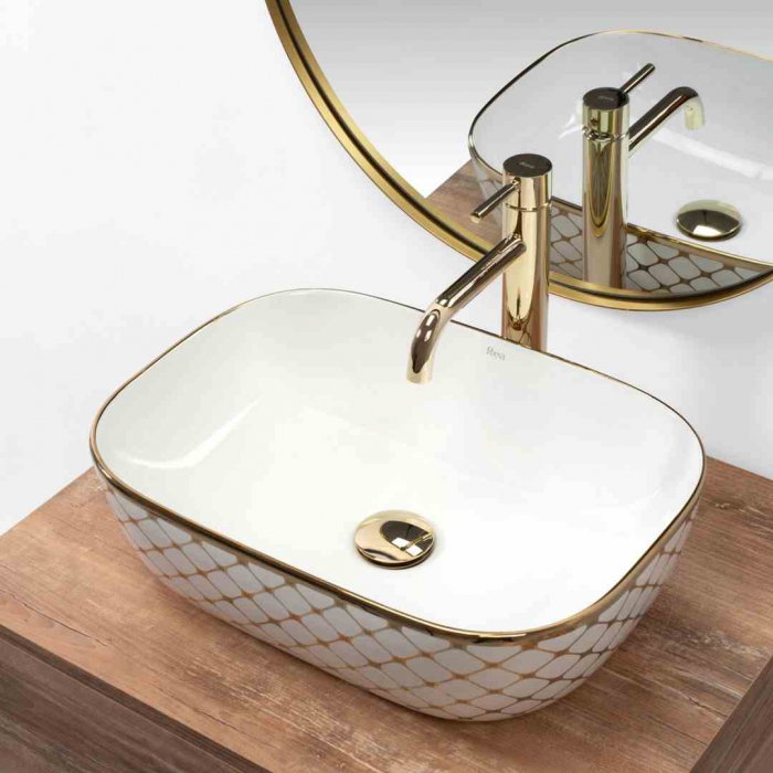 Lavoar pe blat formă dreptunghiulară lungime 46 cm culoare alb/auriu model Belinda Diamond White Gold [2]