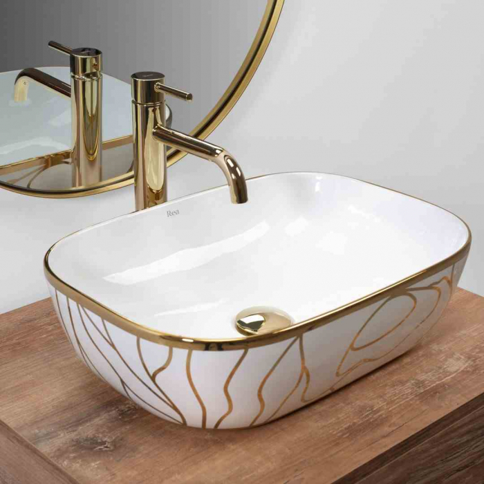 Lavoar baie pe blat formă dreptunghiulară lungime 46 cm culoare alb/auriu model Belinda Wave White Gold [2]