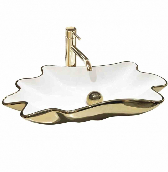 Lavoar pe blat formă neregulată lungime 62 cm culoare alb/auriu model Infinity White Gold [1]
