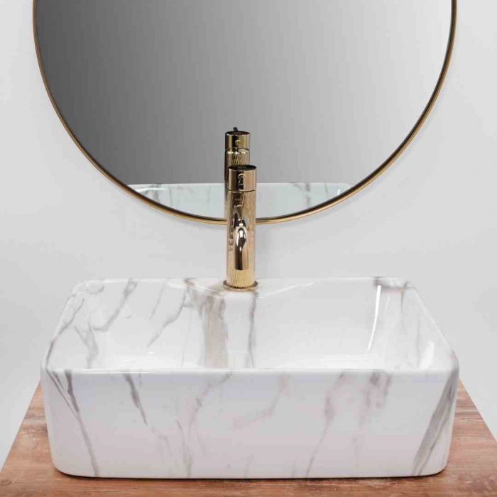 Lavoar baie pe blat formă dreptunghiulară lungime 49 cm culoare alb model Kelly Marmo [4]
