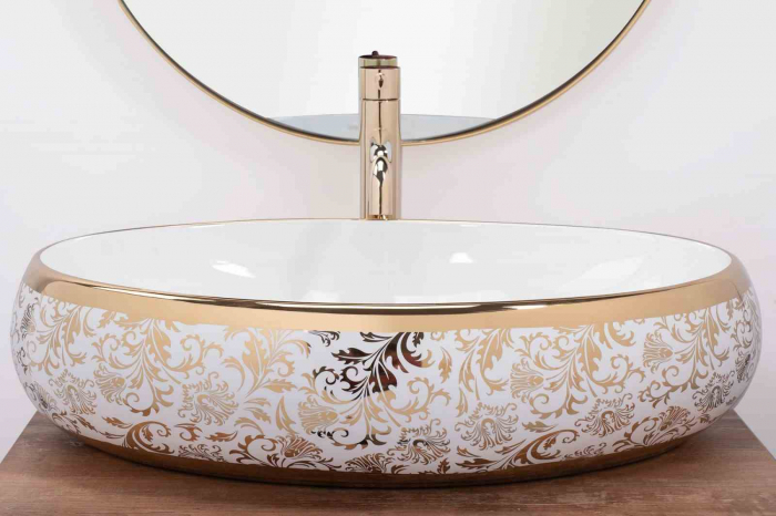 Lavoar pe blat formă ovală lungime 60 cm culoare auriu/alb model Meryl White [3]