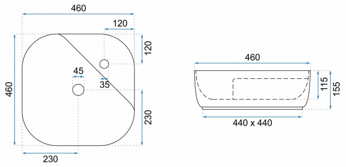 Lavoar baie pe blat formă patrată lungime 46 cm culoare alb model Pola [5]