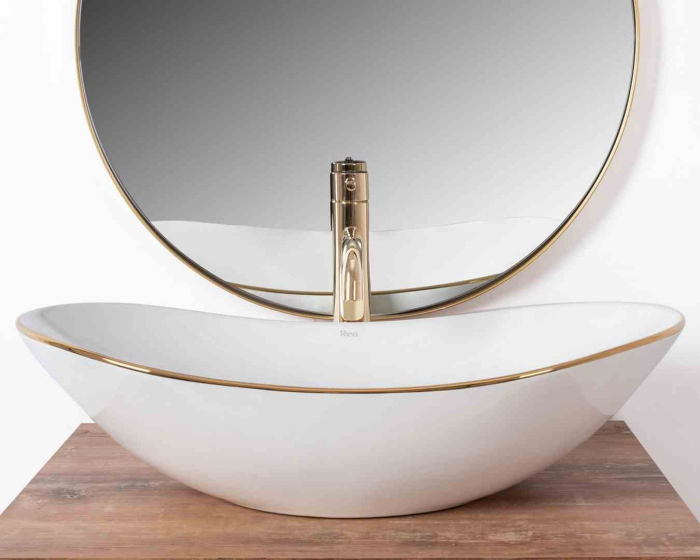 Lavoar baie pe blat formă semiovală lungime 62 cm culoare alb/auriu model Royal Gold [4]