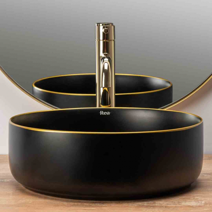 Lavoar pe blat formă rotundă lungime 36 cm culoare negru mat/auriu model Sami Black Mat Gold [4]