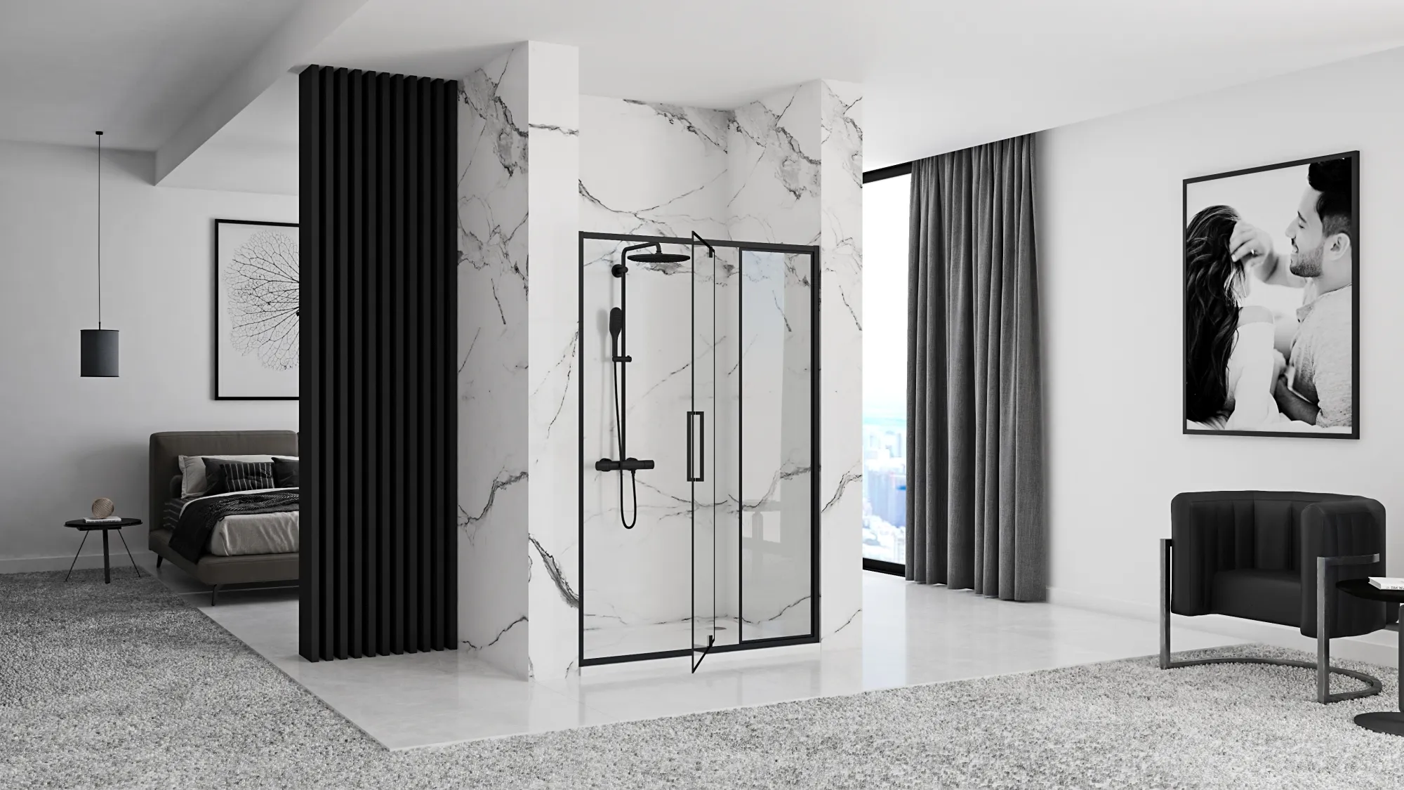 Ușă cabină duș batantă mărime 120 cm culoare neagră sticlă securizată transparentă model Rapid Swing Black [5]