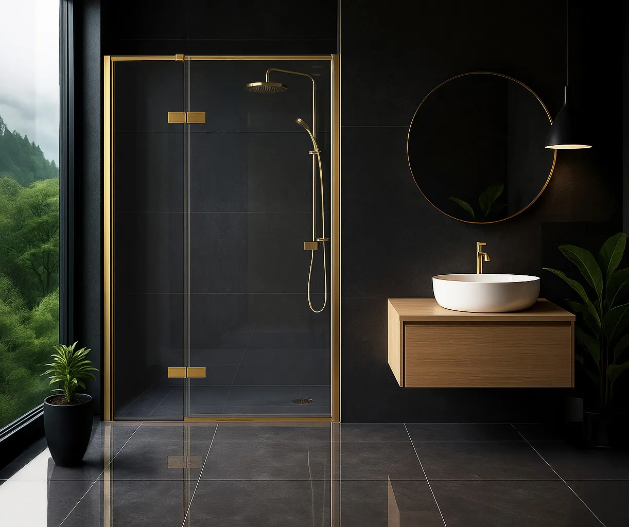 Ușă duș batantă 90 cm finisaj auriu periat sticlă securizată transparentă model Atlas Left Gold Brushed [2]