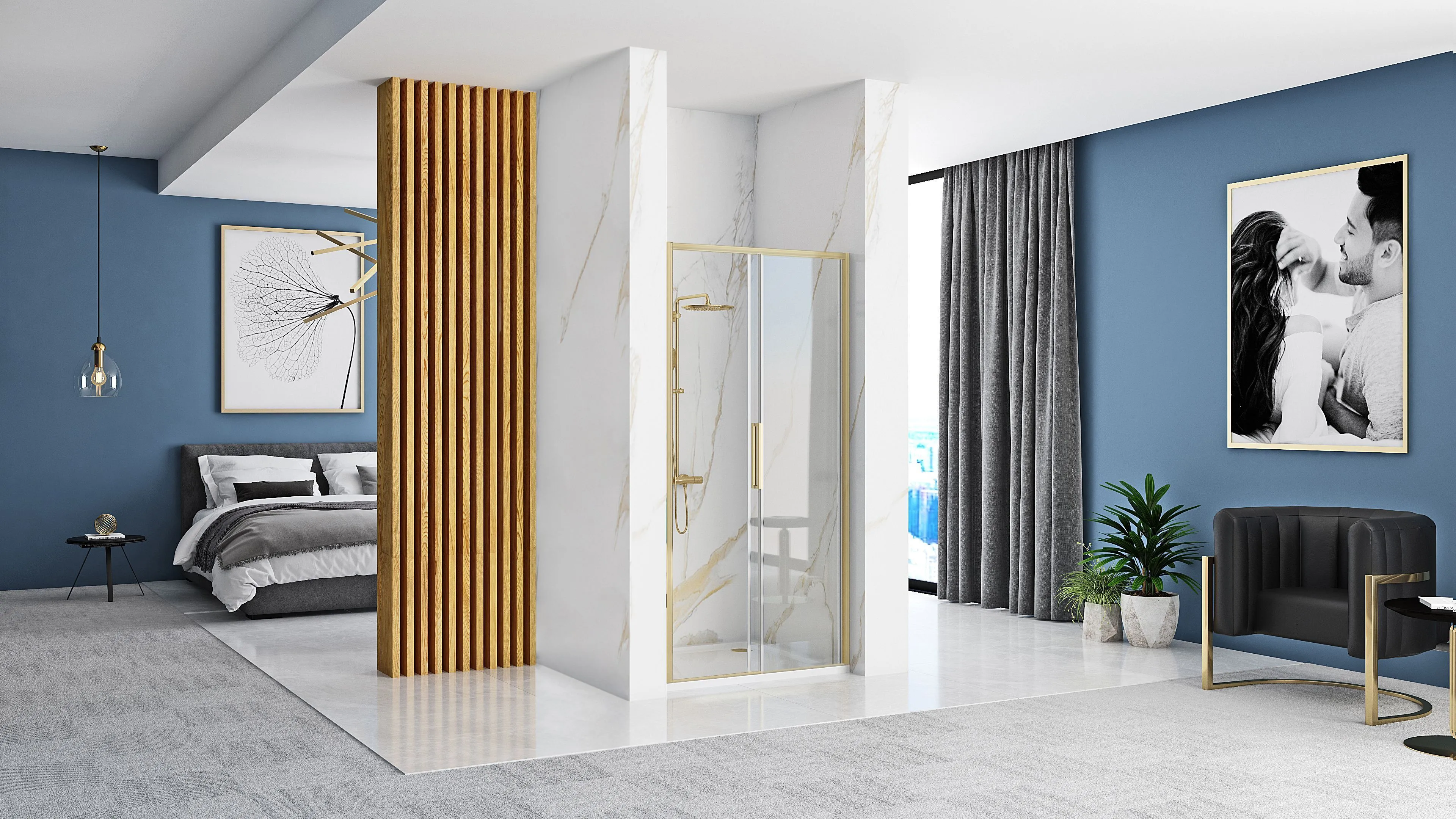 Ușă cabină duș culisantă mărime 140 cm finisaj auriu periat sticlă securizată de 6 mm model Rapid Slide Gold Brushed [2]