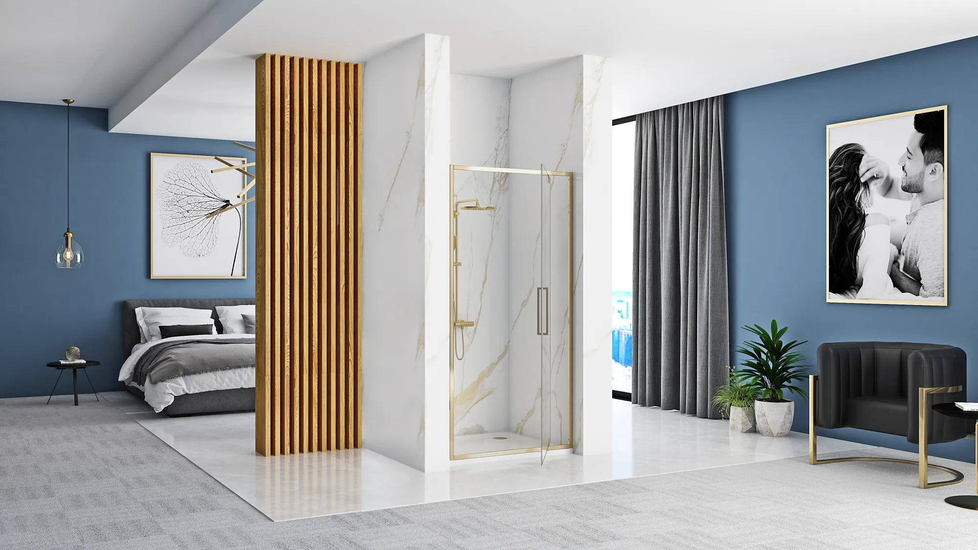 Ușă duș batantă 100 cm culoare aurie sticlă securizată transparentă model Rapid Swing Gold [3]