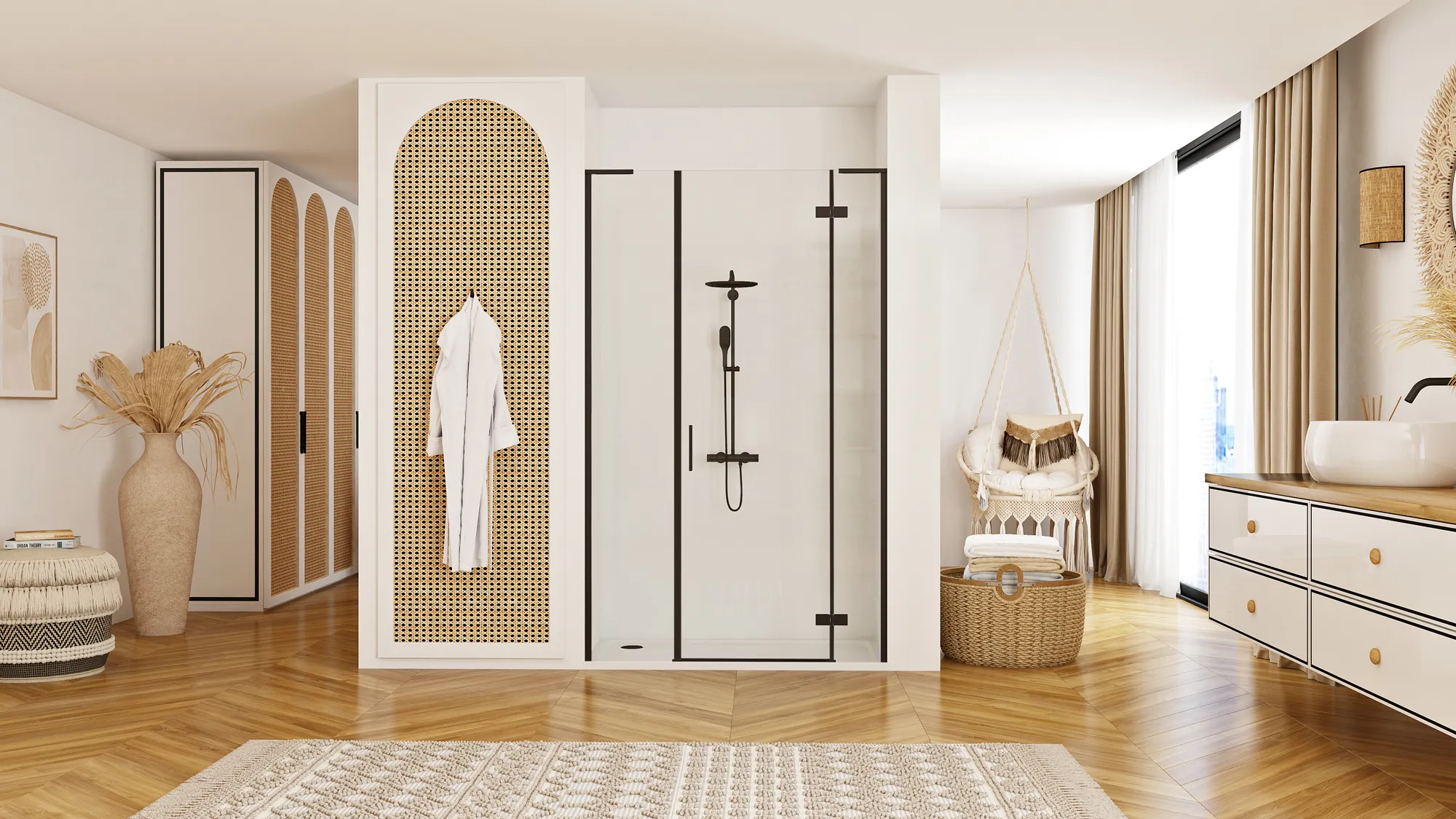 Ușă duș batantă 80 cm + panou 30 cm culoare neagră model Hugo Black [4]