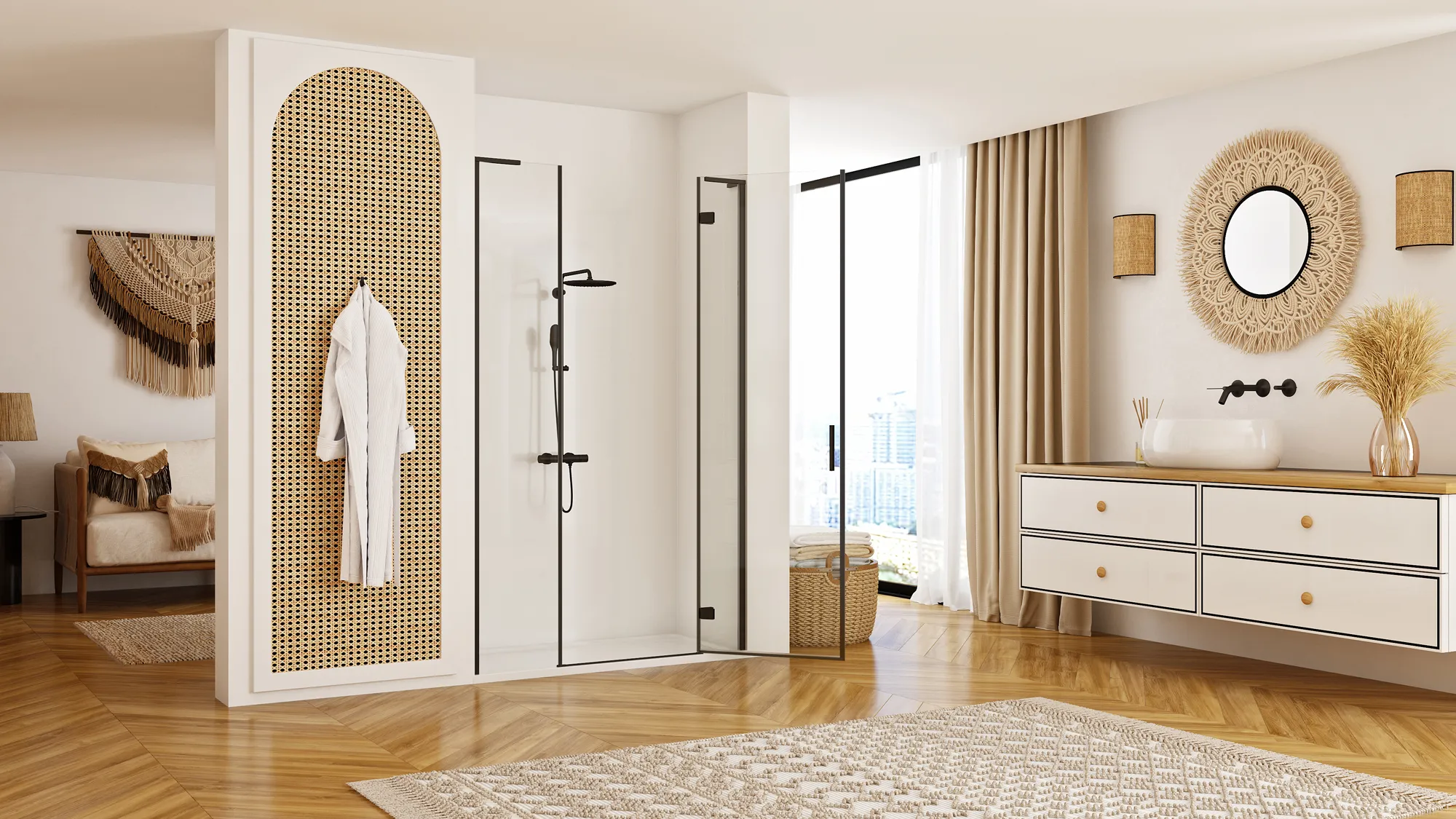 Ușă duș batantă 80 cm + panou 30 cm culoare neagră model Hugo Black [5]