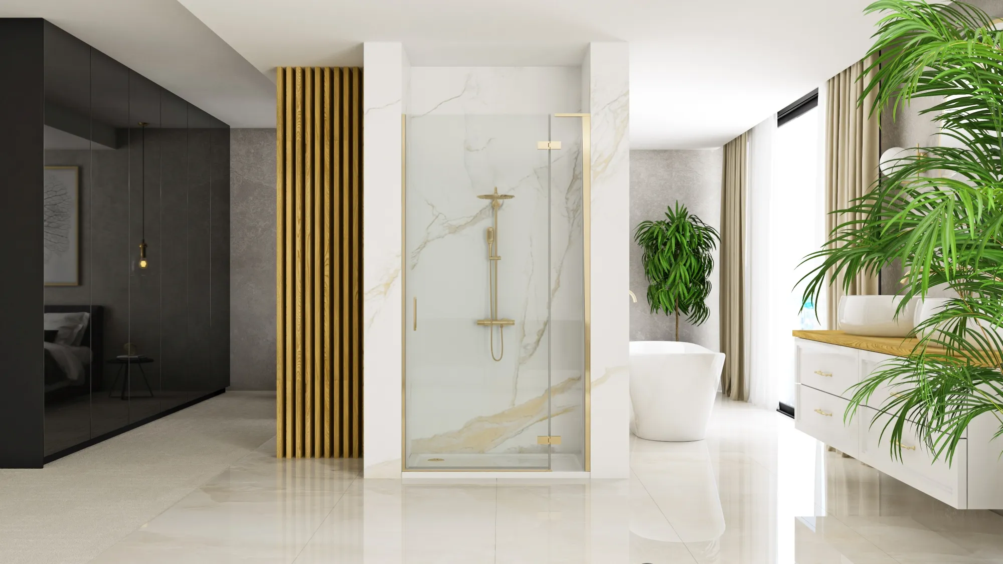Ușă duș batantă 80 cm culoare auriu periat sticlă securizată transparentă model Hugo Gold Brushed [2]