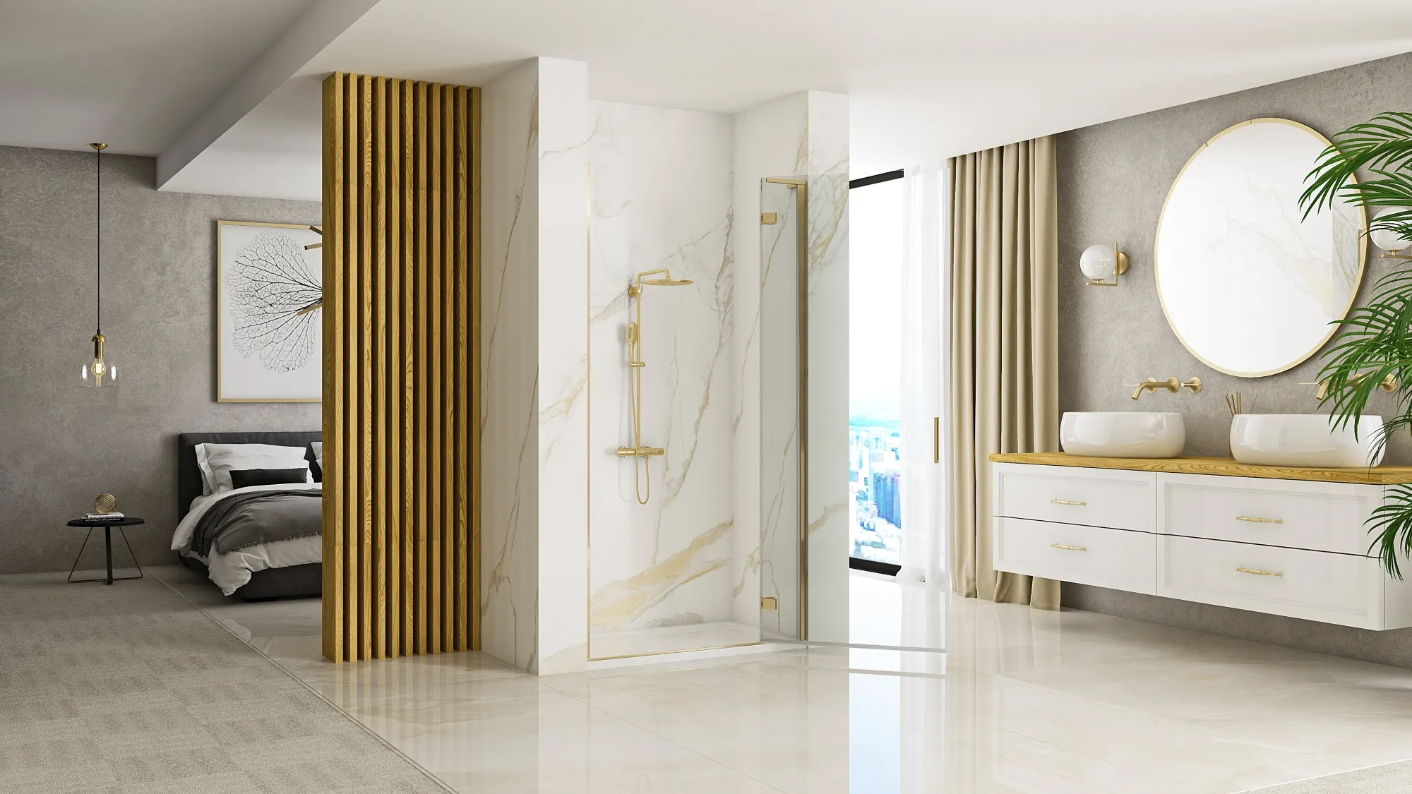 Ușă duș batantă 80 cm culoare auriu periat sticlă securizată transparentă model Hugo Gold Brushed [5]