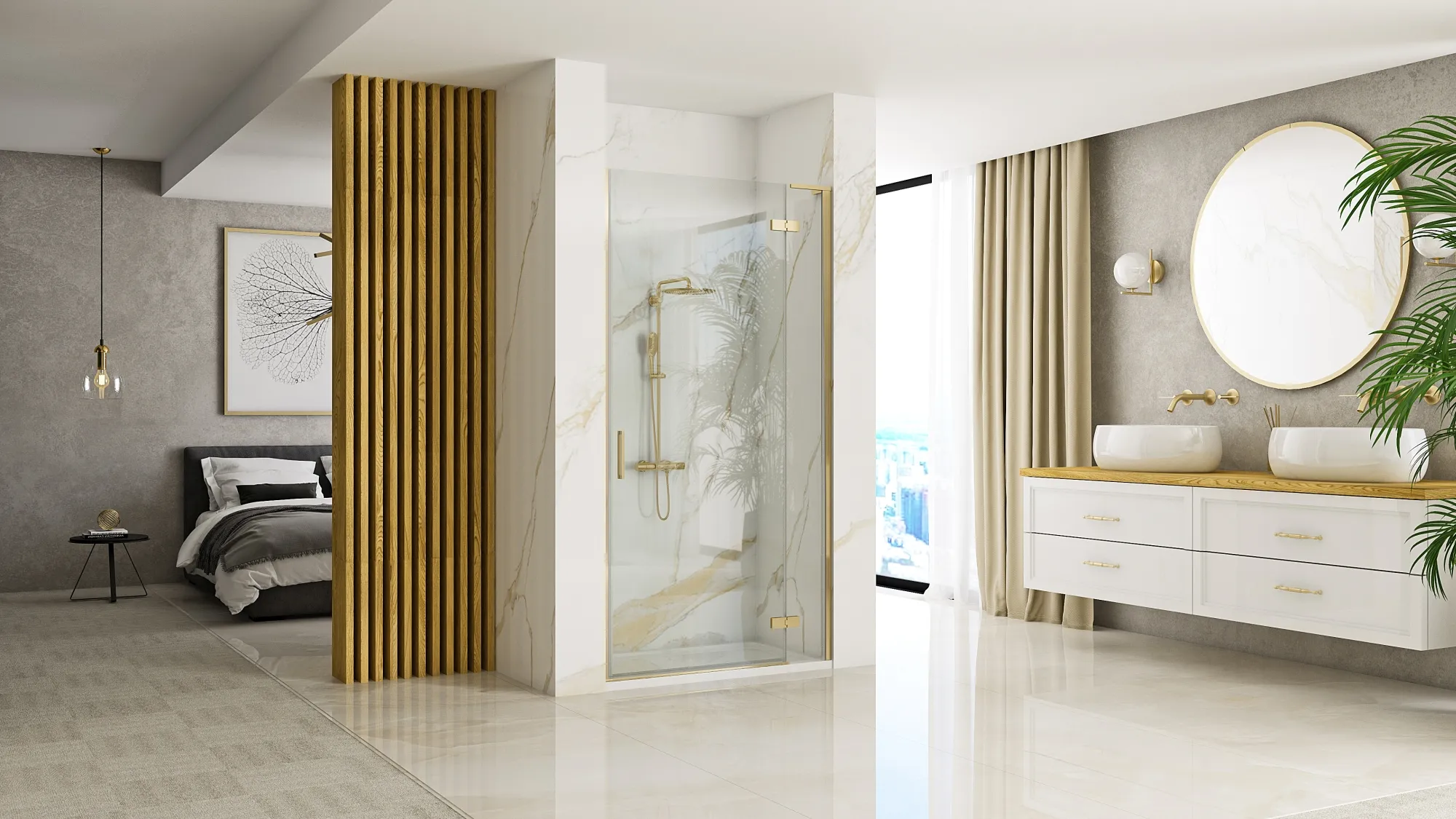 Ușă duș batantă 80 cm culoare auriu periat sticlă securizată transparentă model Hugo Gold Brushed [4]