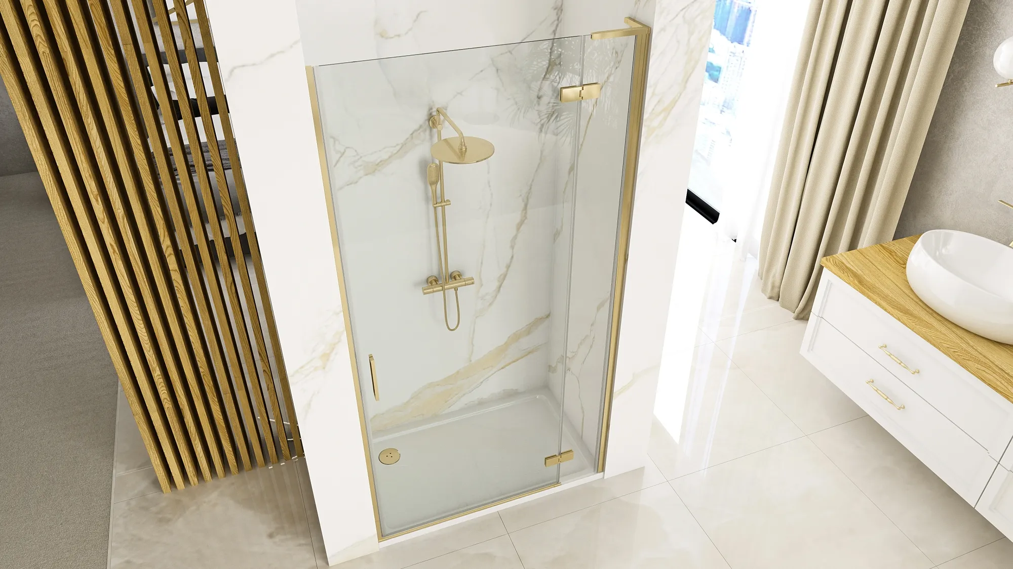 Ușă duș batantă 80 cm culoare auriu periat sticlă securizată transparentă model Hugo Gold Brushed [3]
